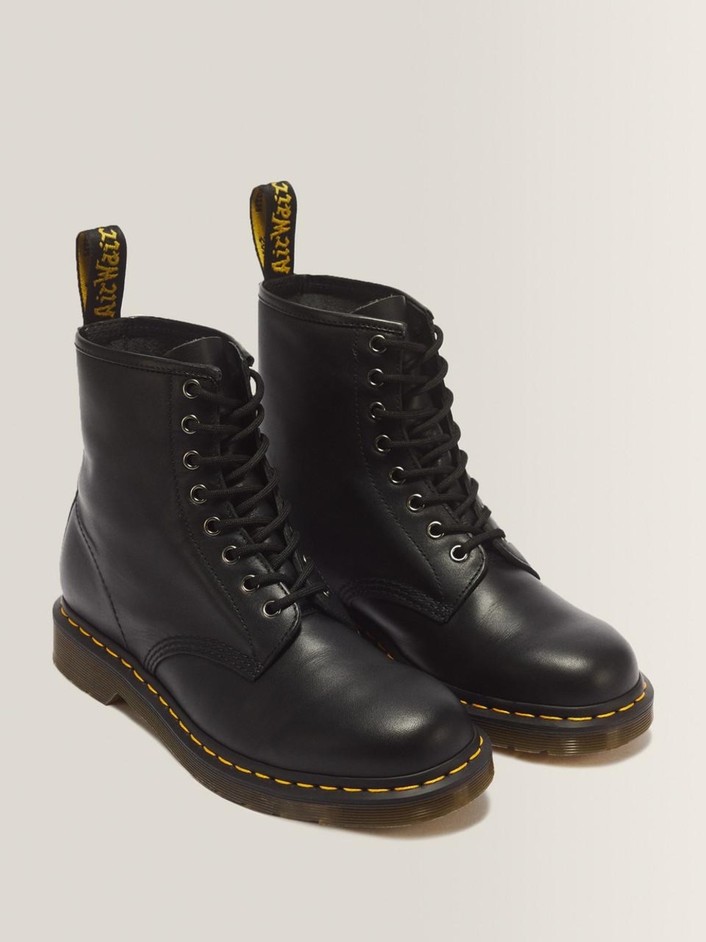 Dr. Martens Black Leather 8-Eye Lace-Up Boots with Yellow Stitching